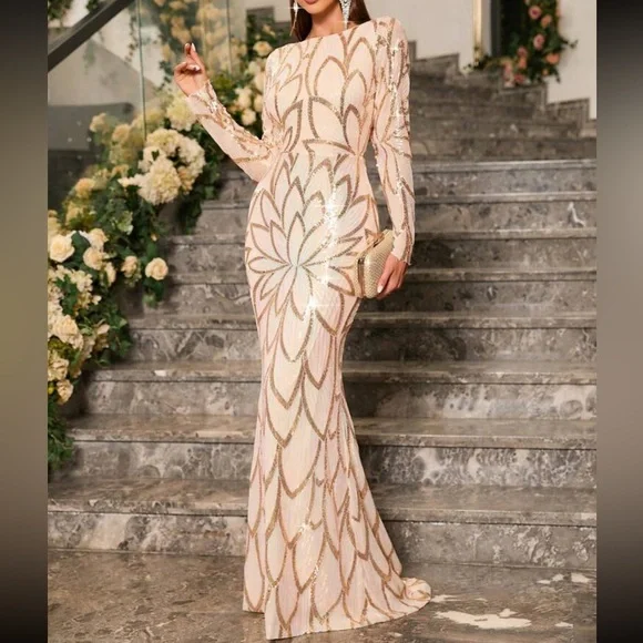 Luxe long sleeve party formal sequins dress Wedding